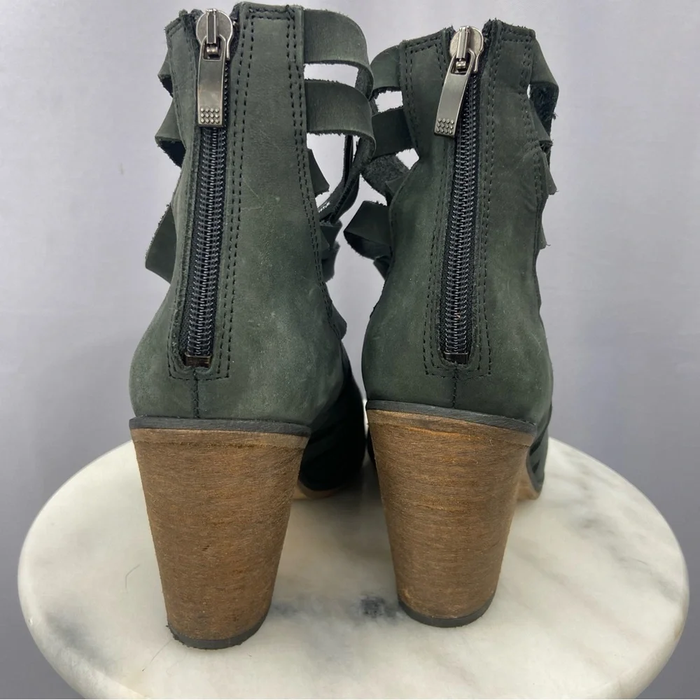 Free People Hybrid Strappy Ankle‎ Boots Bootie Block Heel Green Gray Size 8